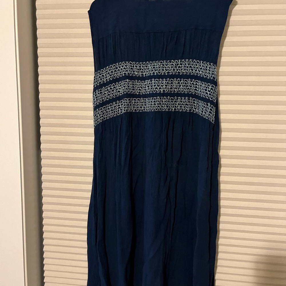 Sweet 2X Summer Dress by Anandas. Navy Blue with light blue stretch embroidery. - Picture 2 of 3